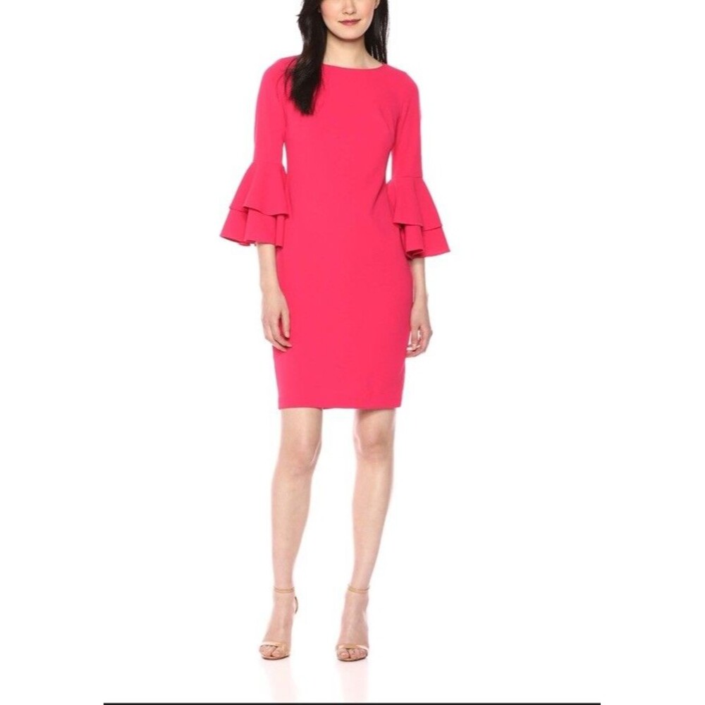 Calvin Klein Pink Tiered Bell Sleeve Sheath Dress Women's 4 Cocktail Knee Length